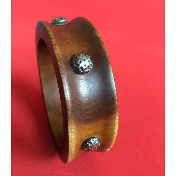 Metal Studded Vintage Wood BOHO Bangle Bracelet - Picture 4 of 4